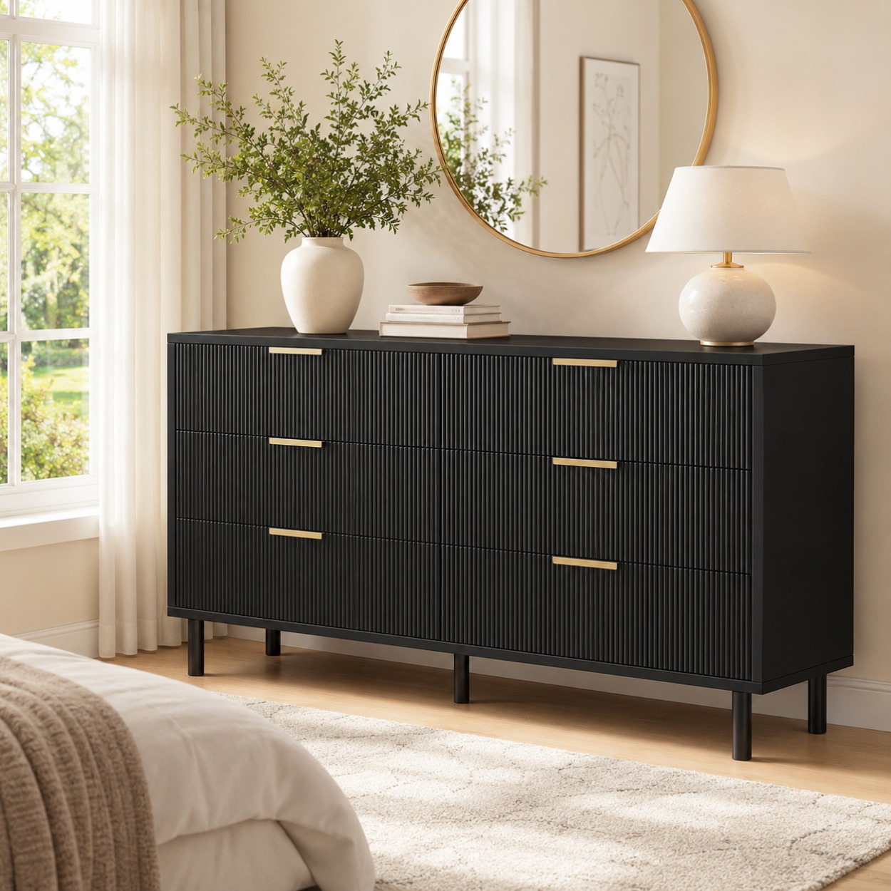 Bedroom Furniture - 플루트형 6단 서랍장, 금속 다리, 넓은