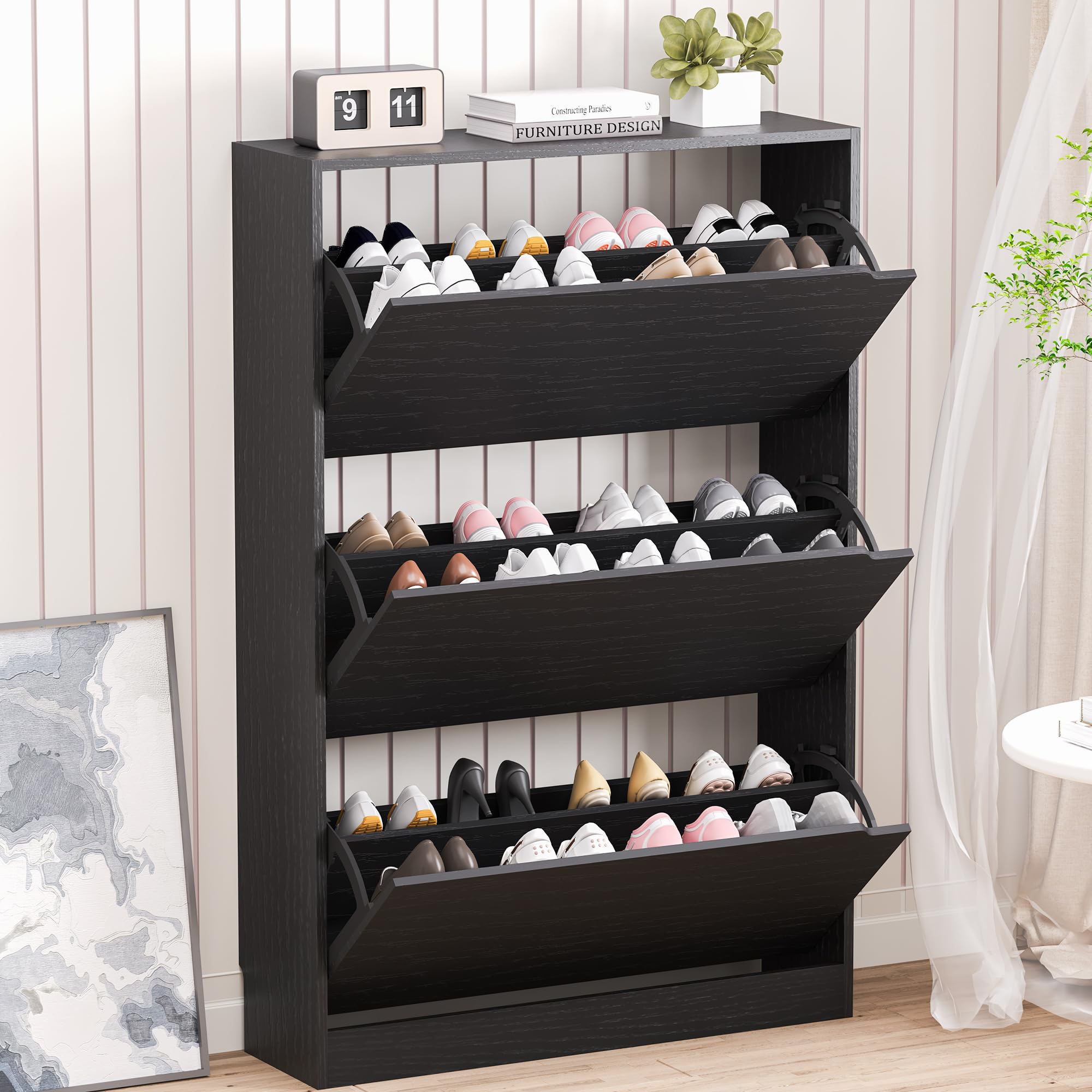 Shoe Rack Cabinet Narrow Entryway - 3개의 접이식 서랍이 있는 신발 수납장,