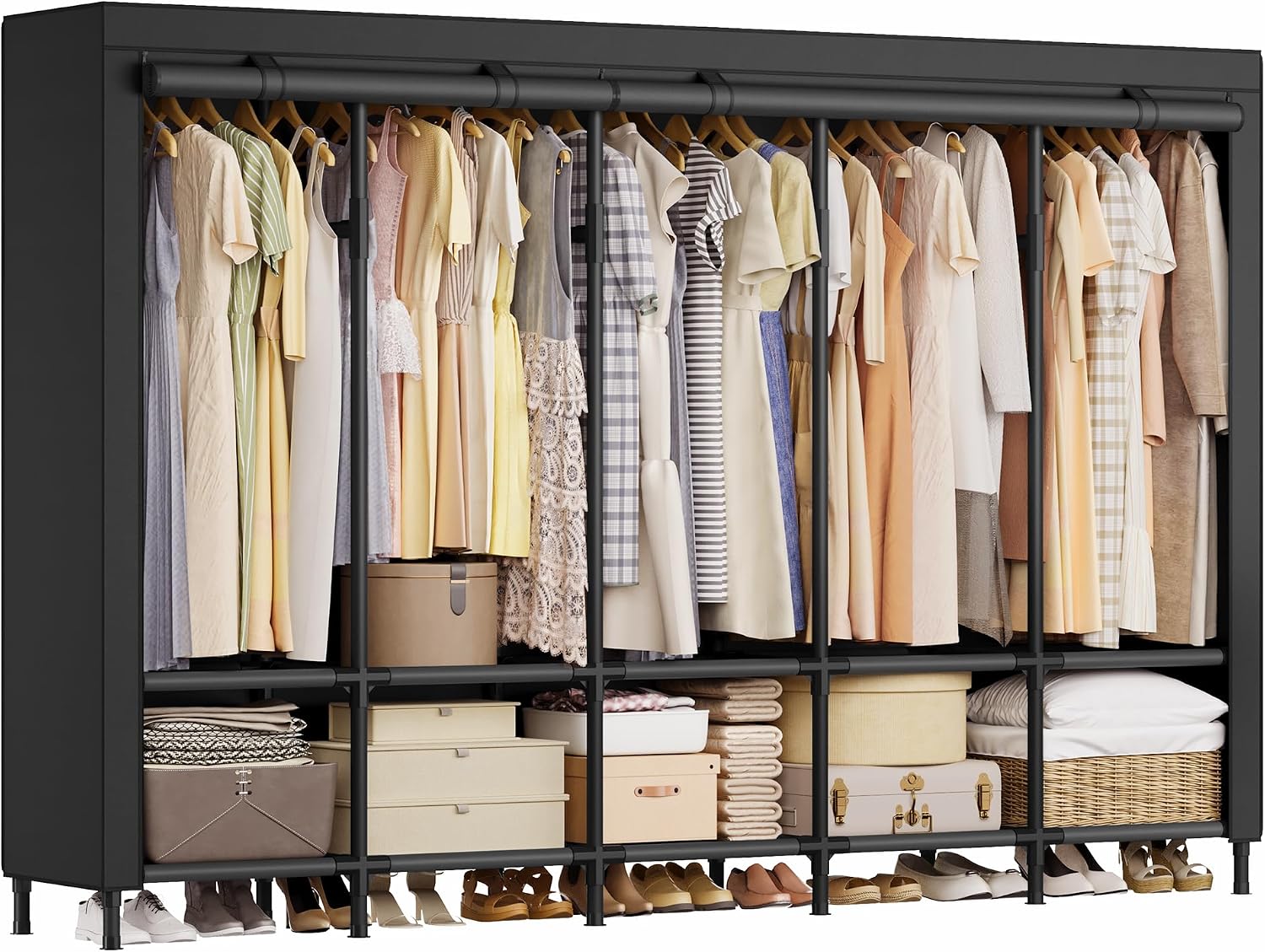 Wardrobe Closet Portable Fabric Cover - 휴대용 옷장 83.5인치, 5개의 옷걸이봉과 10개의