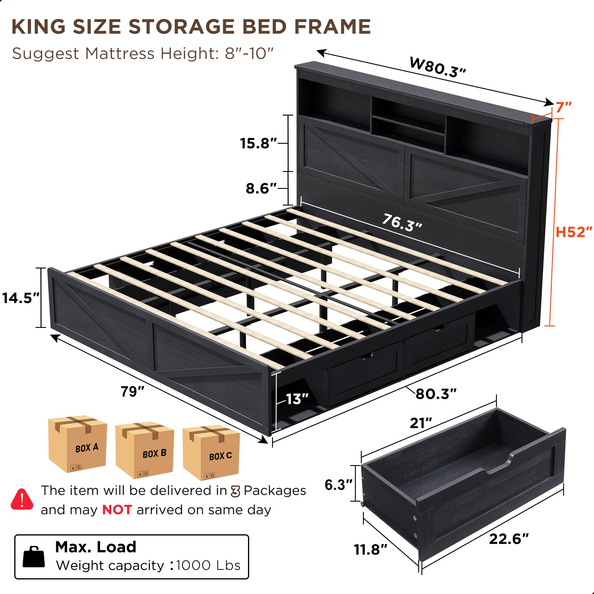 52인치 높이의 수납형 책장과 4개의 서랍이 있는 농가 - King Size Bed Frame With Storage Drawers 리뷰 및 가격