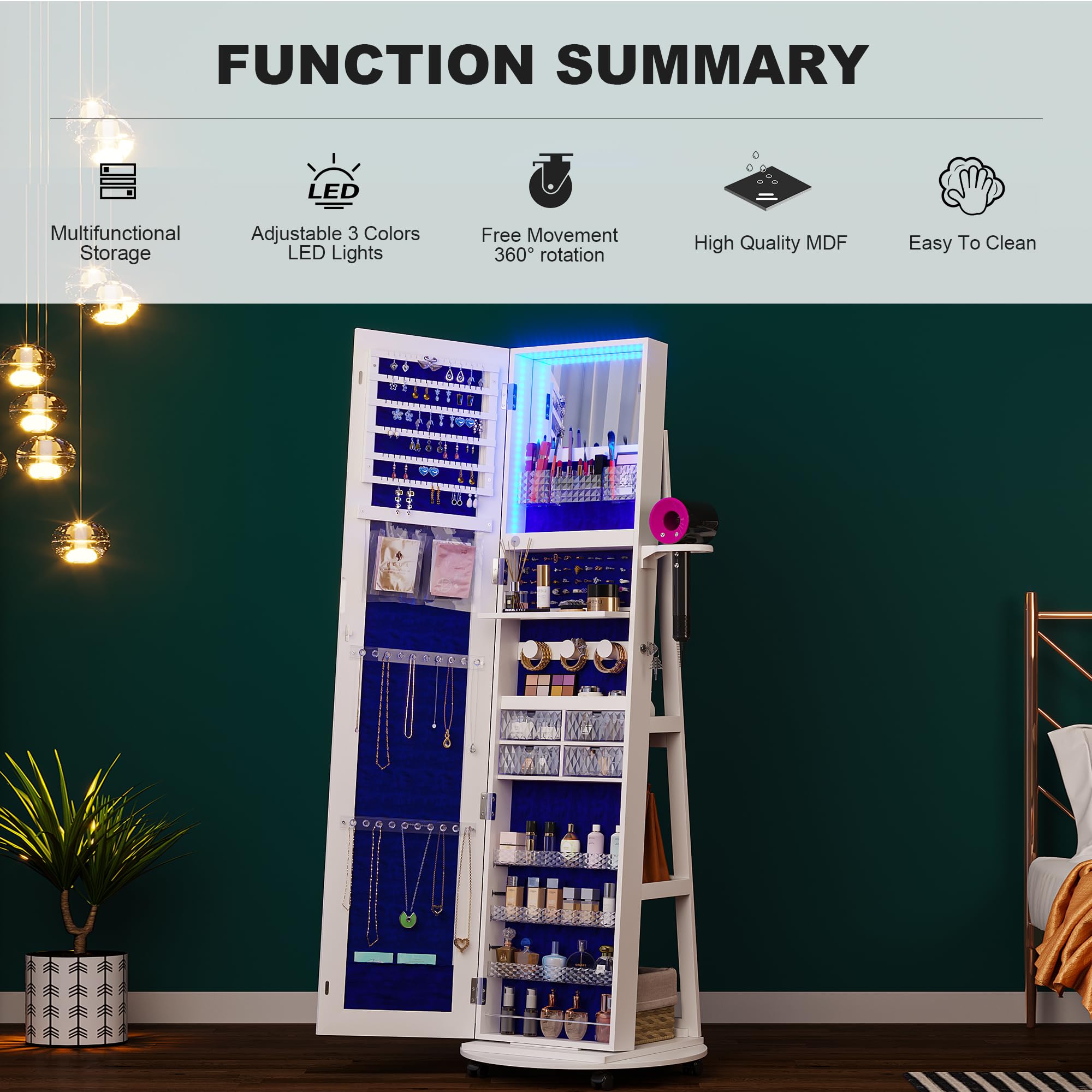 360 °   회전식 거울이 달린 보석장, LED 조명 - Full Length Mirror Jewelry Armoire 리뷰 및 가격