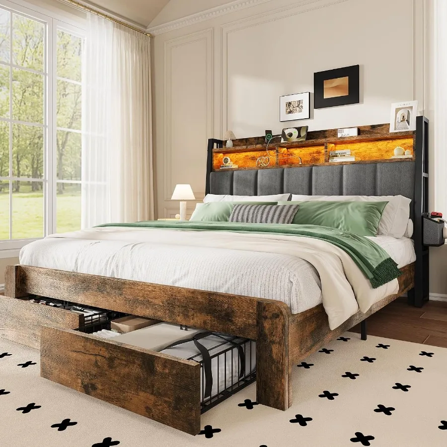 킹사이즈 침대 프레임, 2개의 수납 서랍 포함, 브라운 - King Size Bed Frame With Storage Drawers 리뷰 및 가격