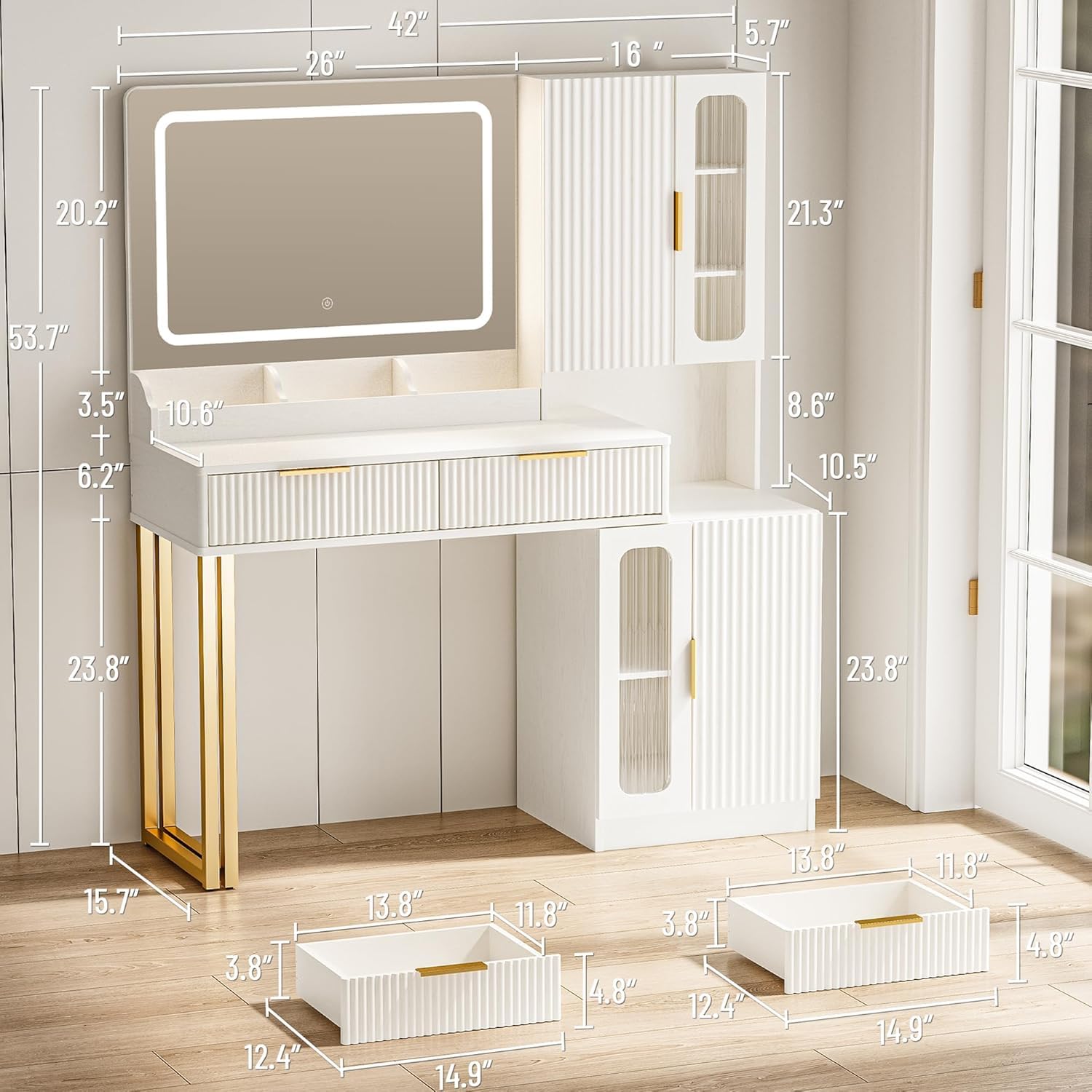 42인치 화장대 거울 조명, 5개 선반 2개 서랍장,  - Dressing Table Vanity With Lighted Mirror 리뷰 및 가격