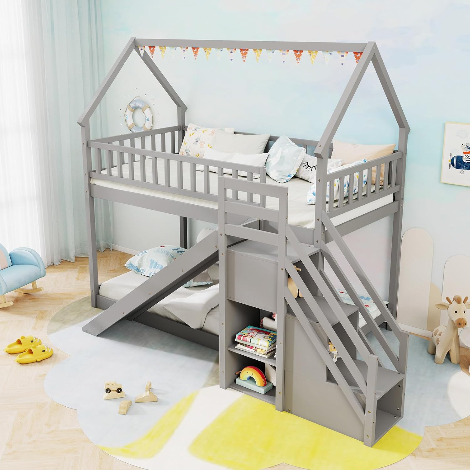 트윈 오버 트윈 이층 침대, 슬라이드 계단 및 수납 선 - Bunk Bed With Stairs And Slide 리뷰 및 가격