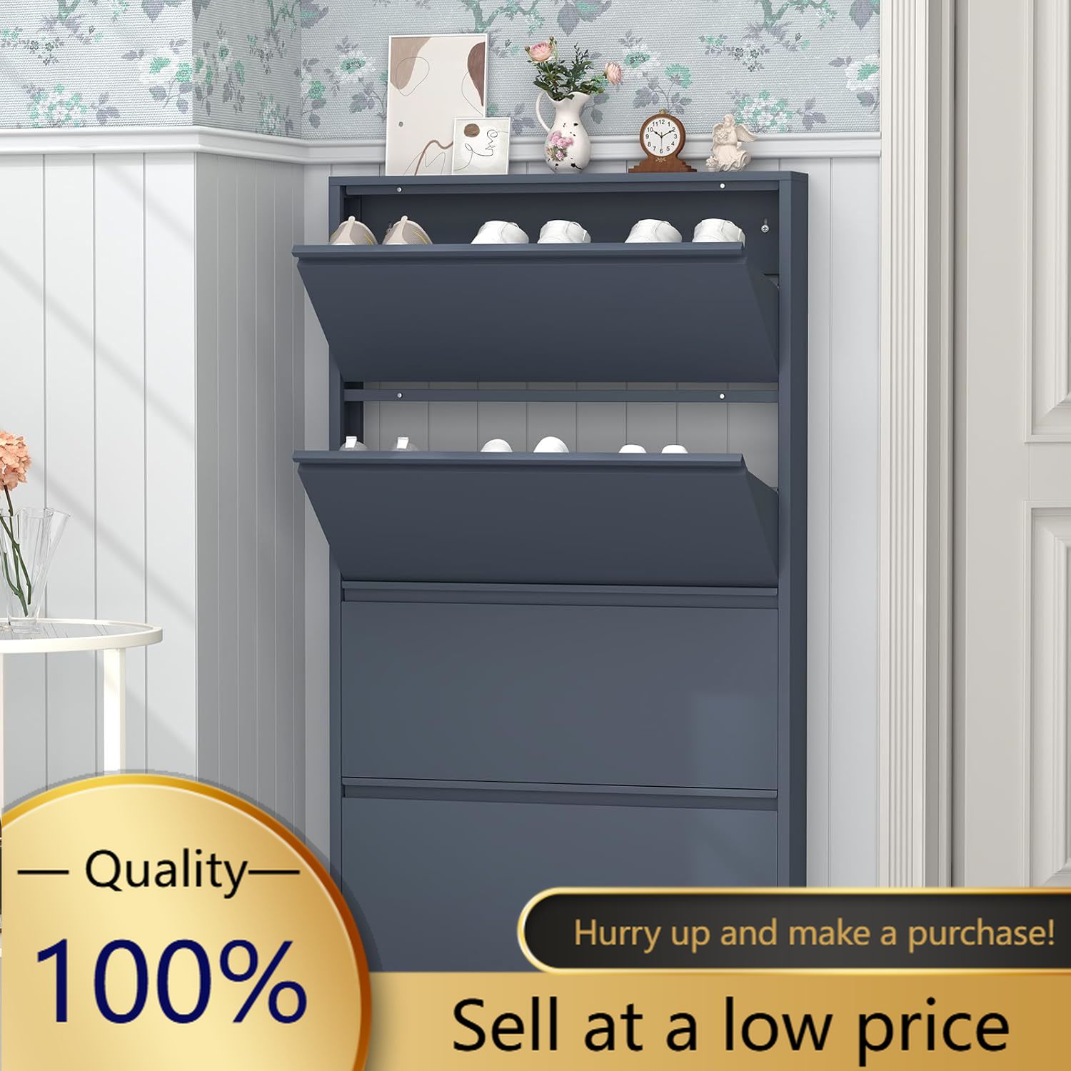 4개의 플립 서랍이 있는 신발장, 현관용 슬림 메탈 신 - Shoe Rack Cabinet Narrow Entryway 리뷰 및 가격